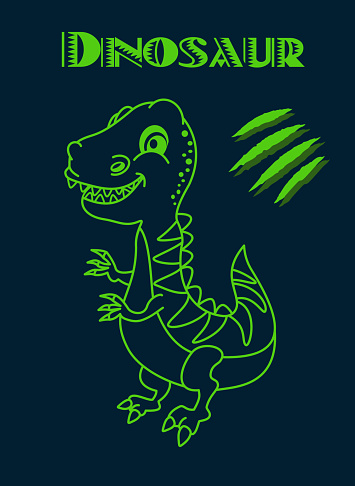 Green tyrannosaurus dinosaur with big teeth and claws on dark poster background - vector