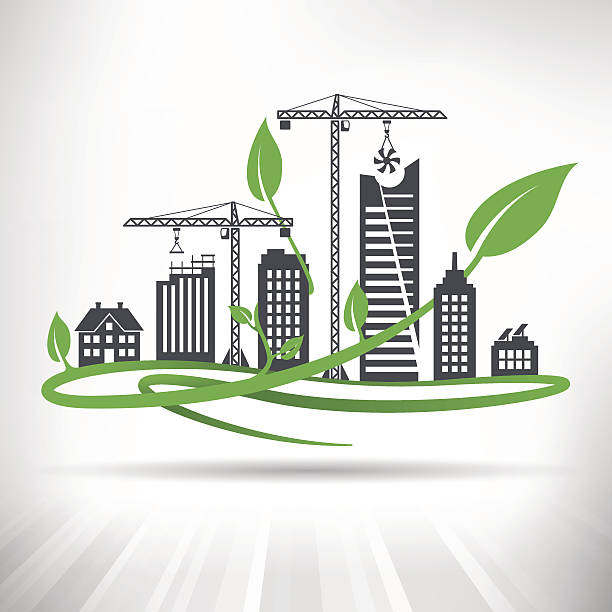 Green Urban Development Concept Cityscape with ongoing construction surrounded by green leaves. Fully scalable vector illustration. green building stock illustrations