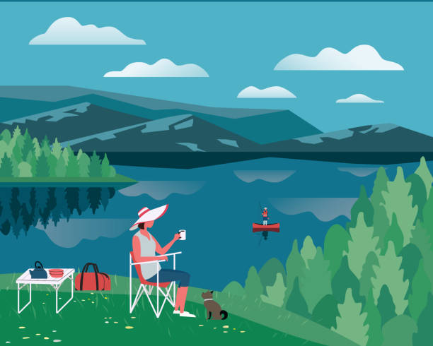 Green valley landscape Summer nature landscape. Colorful cartoon. Vacation season leisure banner background. Fisherman, calm river water. Family picnic on green hill. Mountain valley lake view. Outdoors vector Illustration drawing of family picnic stock illustrations