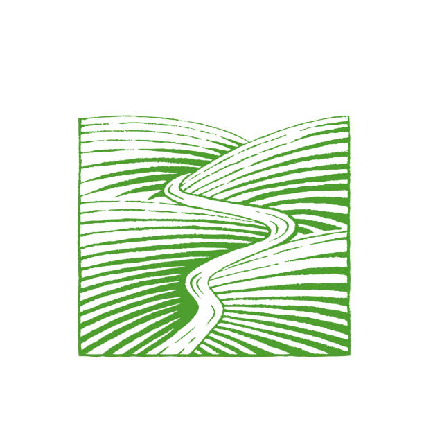 Green Vectorized Ink Sketch of Hills and River Illustration Illustration of Green Vectorized Ink Sketch of Hills and River isolated on a White Background river clipart stock illustrations