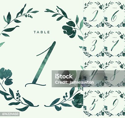istock Green Watercolour Wedding Table Numbers 614224450