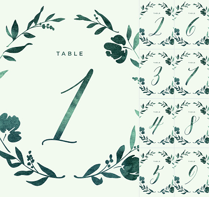 Green Watercolour Wedding Table Numbers