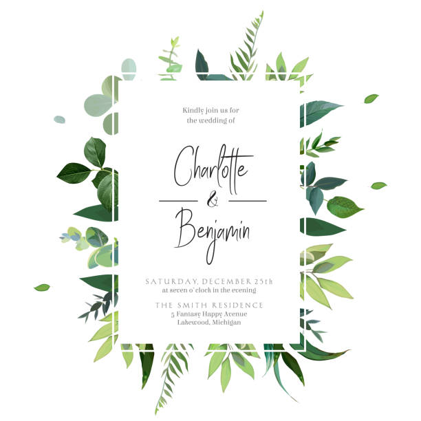 Greenery botanical wedding invitation. Herbal vector frame. Hand painted plants, branches, leaves on white background. Greenery botanical wedding invitation. Watercolor style. Natural card design. All elements are isolated and editable. wedding invitation stock illustrations