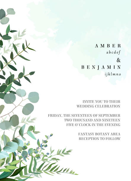 Greenery botanical wedding invitation. Watercolor style splash Herbal vector frame. Hand painted plants, branches, leaves on painted teal blue dye background. Greenery botanical wedding invitation. Watercolor style splash.Natural card design.Isolated and editable lush foliage stock illustrations