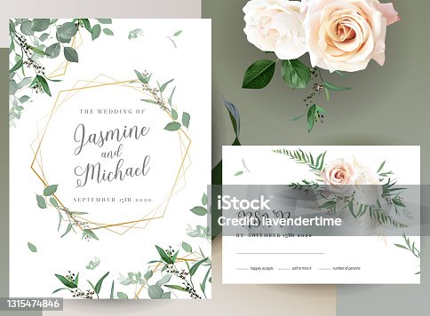 istock Greenery, pink an creamy rose flowers vector design invitation frames 1315474846