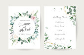 Greenery, pink rose flowers, echeveria succulent vector design invitation frames. Rustic wedding greenery. Mint, green tones. Watercolor save the date cards. Summer rustic style. Isolated and editable