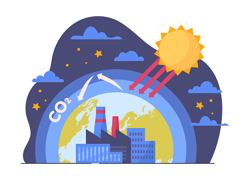 Greenhouse gas emission. Infographics about dangers of factories, improper waste processing. Production pollutes atomosphere, global problems, ecology, nature. Cartoon flat vector illustration