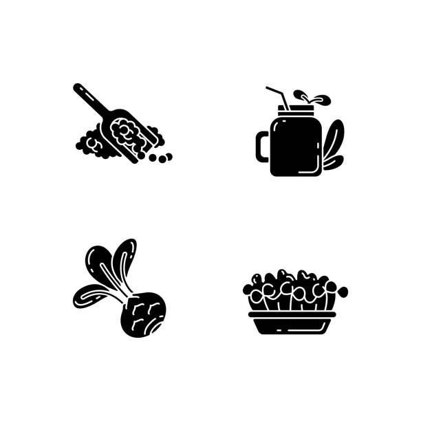 Greens variety black glyph icons set on white space Greens variety black glyph icons set on white space. Fruity smoothie types. Microgreens garden ideas. Quinoa seeds. Natural kohlrabi. Silhouette symbols. Vector isolated illustration smoothie silhouettes stock illustrations