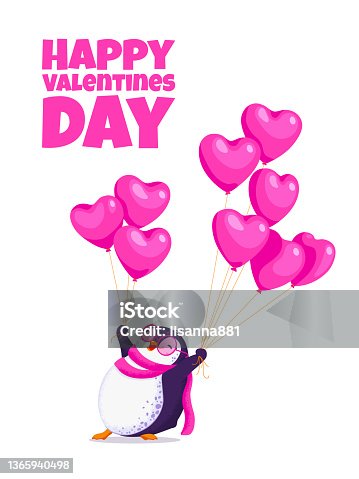 istock Greeting card for Valentine Day with a funny penguin in a scarf and pink glasses. Cartoon penguin with pink balloons hearts. White background. Isolated illustration. 1365940498
