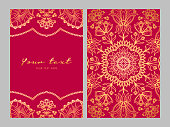 Greeting card golden ethnic patterns on red background. Vintage round ornament frame with place for inscription. Template cover for invitation, poster or brochure. Vector illustration.