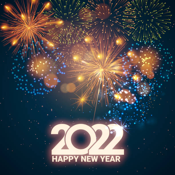Greeting card Happy New Year 2022. Beautiful Square holiday web banner or billboard with text Happy New Year 2022 on the background of fireworks. Greeting card Happy New Year 2022. Beautiful Square holiday web banner or billboard with text Happy New Year 2022 on the background of fireworks. - Vector. happy new year stock illustrations
