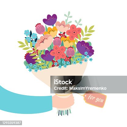 istock greeting card of hand holding bouquet of flowers 1293359387