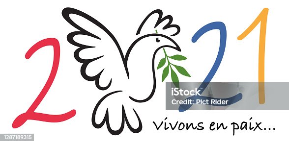 istock 2021 greeting card symbolizing peace, with the drawing of a dove bearing an olive branch. 1287189315