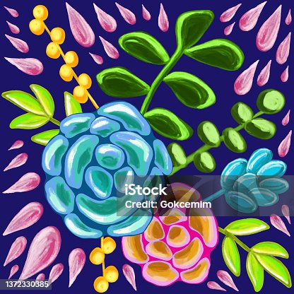 istock Greeting Card Template with Floral Pattern. Abstract Background with Hand Drawn Leaves, Flowers and Succulents . Oil, Acrylic Painting Floral Pattern. Design Element for Greeting Cards and Wedding, Birthday and other Holiday and Invitation Cards. 1372330385
