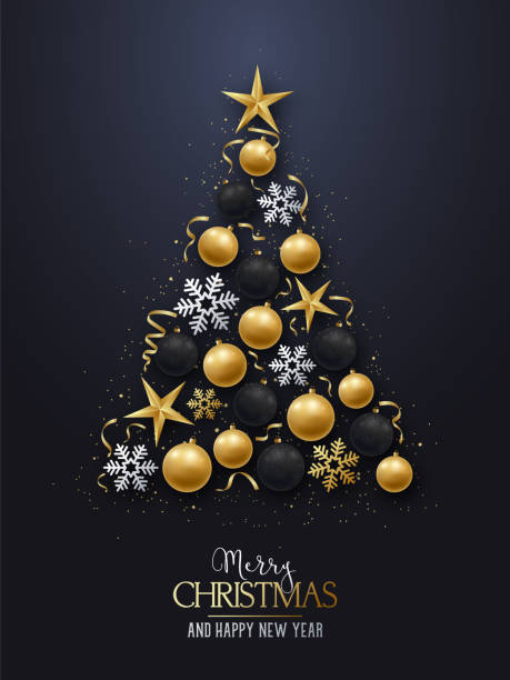 Greeting card with christmas tree. Shiny Christmas-tree decorations, balls, stars and snowflakes on a dark background. Merry Christmas and Happy New Year. Vector illustration. Greeting card with christmas tree. Shiny Christmas-tree decorations, balls, stars and snowflakes on a dark background. Merry Christmas and Happy New Year. Vector illustration. Gold Ornament stock illustrations