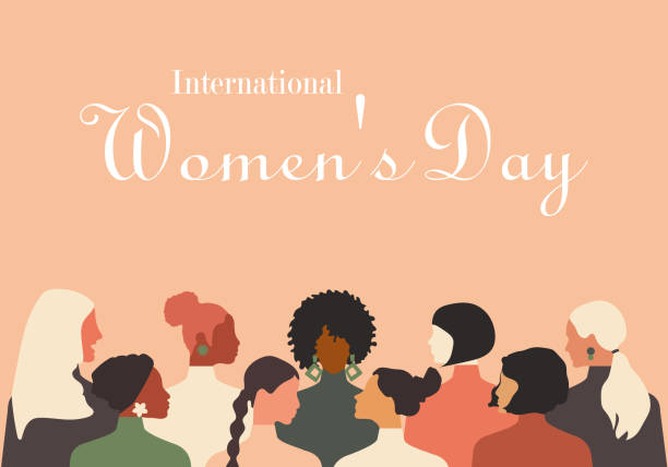 Greeting card with International Women's Day. Different nationalities of women stand together. Delicate pink coral background. Modern vector graphics. Greeting card with International Women's Day. Different nationalities of women stand together. Delicate pink coral background. Modern vector graphics. mother patterns stock illustrations