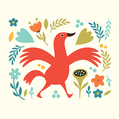 Greeting card with red bird and flowers
