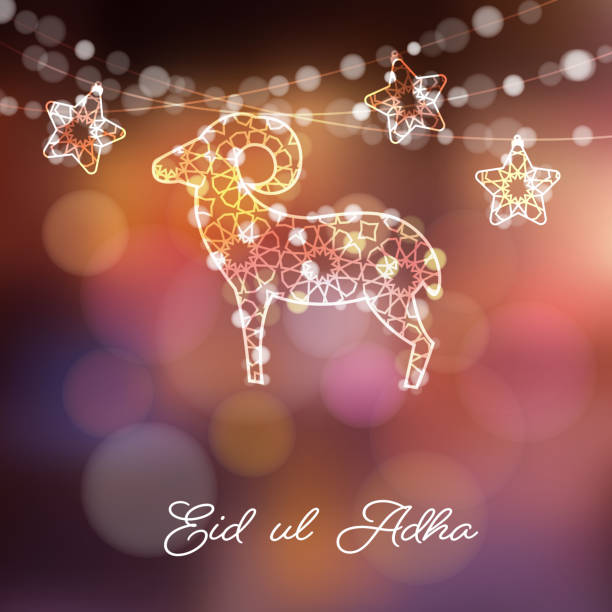 Greeting card with silhouette of ornamental sheep and stars illuminated by lights, vector illustration background for Muslim Eid Ul Adha holiday. Modern blurred vector background Greeting card with silhouette of ornamental sheep and stars illuminated by lights, vector illustration background for Muslim Eid Ul Adha holiday, modern blurred vector background. eid al adha stock illustrations