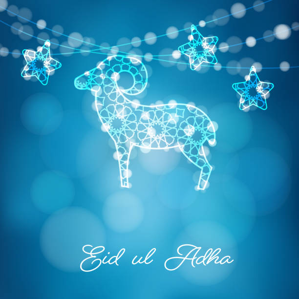 Greeting card with silhouette of ornamental sheep and stars illuminated by lights, vector illustration background for Muslim Eid Ul Adha holiday. Modern blurred blue vector background Greeting card with silhouette of ornamental sheep and stars illuminated by lights, vector illustration background for Muslim Eid Ul Adha holiday, modern blurred blue vector background. eid al adha stock illustrations