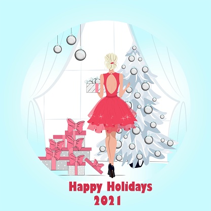 Greeting cards for winter holidays, merry christmas and happy new year,Elegantly dressed girl decorates a Christmas tree,fashion illustration with beautiful girl decorating christmas tree, vector flat