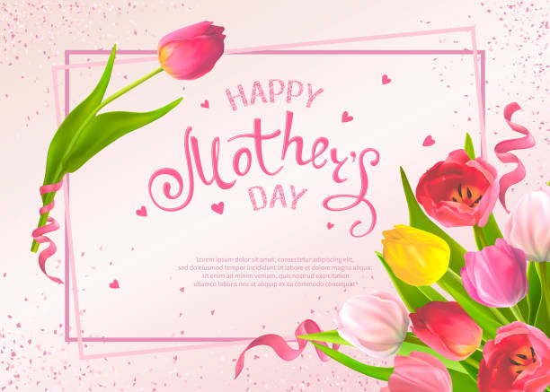 Greeting cards Mothers Day Happy Mothers Day. Template with bouquet of tulip flowers and hand-drawn lettering, shiny sequins on a pink background. Design for greeting card, invitation, poster, banner, sale announcement, voucher mother borders stock illustrations