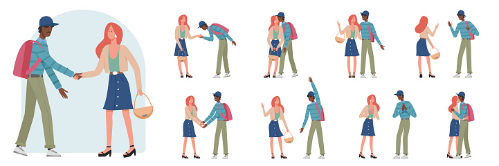 Greeting gestures of couple characters set, happy man and woman meeting, standing