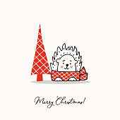 Greeting template with a cute hedgehog and a stylized Christmas tree . Holiday vector illustration.