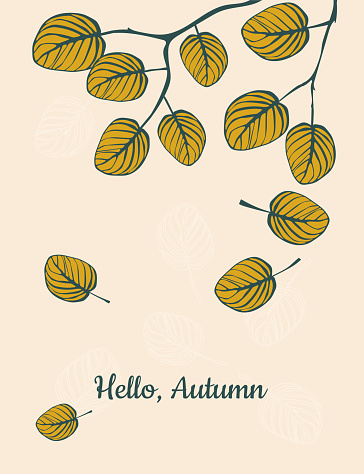 Greetings autumn card "Hello Autumn". Yellow leaves and pink background. Vector illustration.