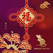 Celebrate the Year of the Rat 2020 with lucky knot, pine tree, cloud and gold colored rat on the red background, and the vertical Chinese phrases means Year of the Rat according to the Chinese calendar