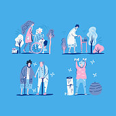 Old people illustrations on a blue background. Elderly care concept. Flat vector design.
