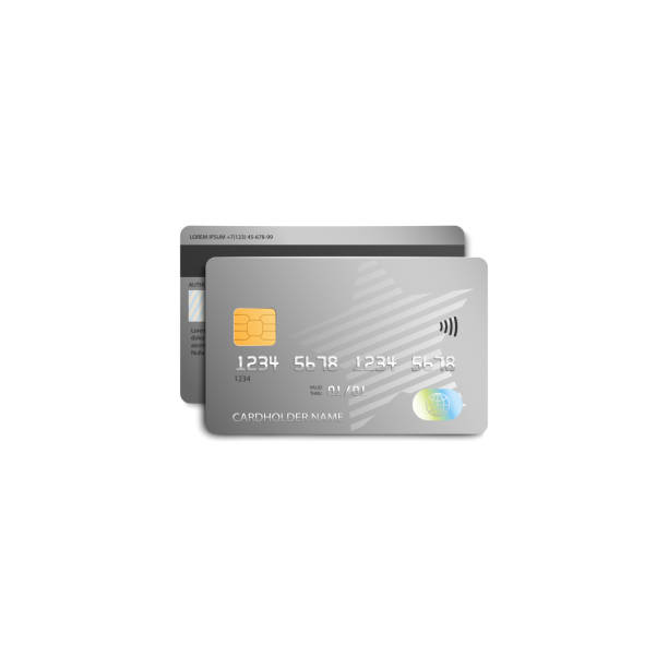 Grey plastic bank card with modern silver star design - isolated vector illustration. Grey plastic bank card with modern silver star design - isolated vector illustration. Debit or credit card template with realistic detail elements from front and back view. credit card stock illustrations