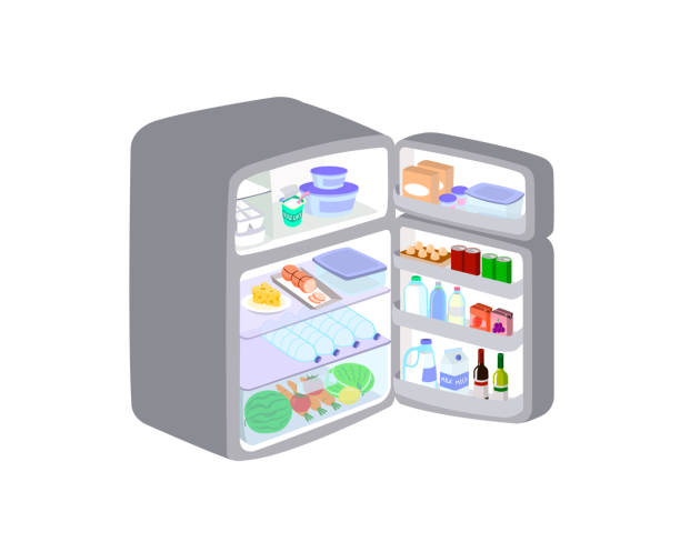 灰色の冷蔵庫は、白い背景に隔離されたドアを開けました。冷蔵庫は新鮮さを保つために果物や食べ物を保持します。 - 冷蔵庫　中点のイラスト素材／クリップアート素材／マンガ素材／アイコン素材