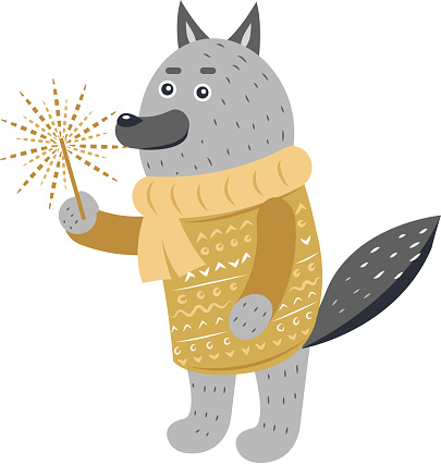 Grey Wolf in Warm Yellow Sweater with Sparkler