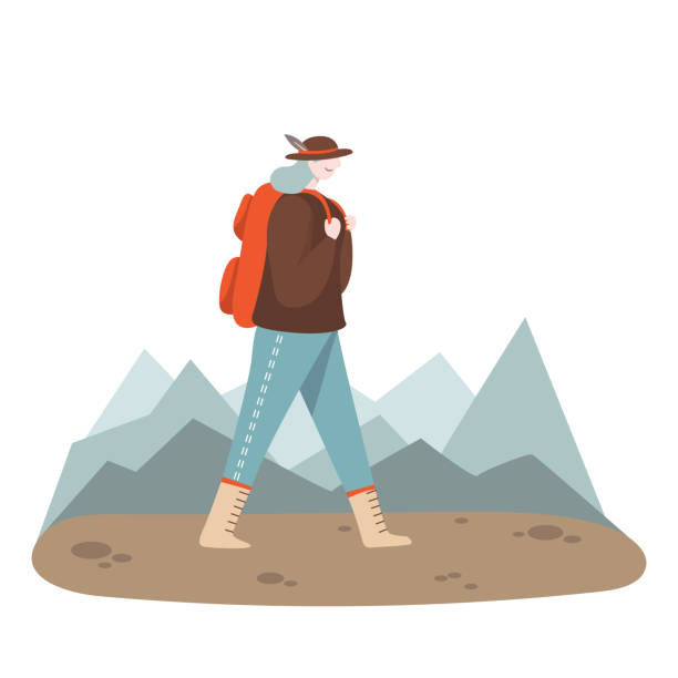 A grey-haired elderly woman hiking and enjoying her singleness Active grey-haired middle aged woman enjoying hiking. Vector illustration, trendy flat character design. Concept art for single independent woman happy spending her leisure. mountain climber exercise stock illustrations