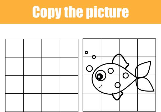 Grid copy worksheet. educational children game. Printable Kids activity sheet with fish. Copy the picture Grid copy game, complete the picture educational children game. Printable kids activity sheet with fish. Copy the picture printable of fish drawing stock illustrations