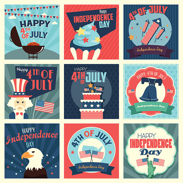 grid of 9 july 4th icons in patriotic colors - 獨立紀念日 插圖 幅插畫檔、美工圖案、卡通及圖標