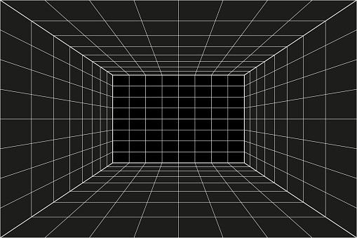 Grid perspective black room. Gray wireframe background. Digital cyber box technology model. Vector abstract architectural template