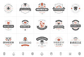 Grill and barbecue logos set vector illustration steak house or restaurant menu badges with bbq food silhouettes. Modern vintage typography labels and emblems design.