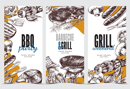 Grill and BBQ party invitation flyer set, hand drawn sketch vector illustration.
