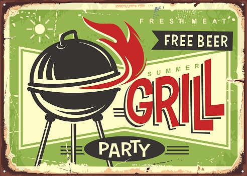Grill appliance with red fire flames on summer green background. Barbecue party retro sign design.