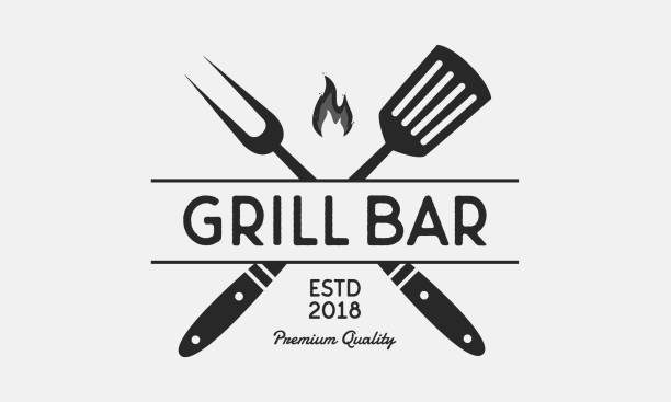 grill bar restoran logosunu görmeniz gerekir. izgara çatal ve spatula. vintage barbekü amblemi. şablon. vektör çizim - bbq stock illustrations