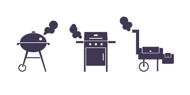 SVG. BBQ, grill, barbecue equipment set. SVG. BBQ, grill, barbecue equipment set. Vector for cutting. Isolated flat vector illustration. Charcoal kettle, gas and wood fired grills. Cooking meal. Frying and smoking meat. Picnic outdoor. svg stock illustrations