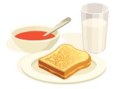 A cartoon grilled cheese sandwich with a bowl of tomato soup and a glass of milk.