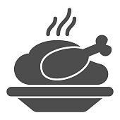 istock Grilled chicken in plate solid icon, Christmas concept, Chicken grill sign on white background, Baked turkey icon in glyph style for mobile concept and web design. Vector graphics. 1283622338