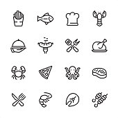 16 line black on white icons / Set #49
Pixel Perfect Principle - all the icons are designed in 48x48pх square, outline stroke 2px.

First row of outline icons contains: 
French Fries, Tuna Fish, Chef's Hat, Lobster - Seafood;

Second row contains: 
Serving Tray in Human hand, Grilled Sausage on Fork, Crossed Spatula and Kitchen Fork, Cooked roast chicken;

Third row contains: 
Crab-Seafood, Pizza, Octopus - Seafood, Steak; 

Fourth row contains: 
Crossed Fork and Table Knife, Shrimp - Seafood, Fish Fillet, Kebab.

Complete Inlinico collection - https://www.istockphoto.com/collaboration/boards/2MS6Qck-_UuiVTh288h3fQ