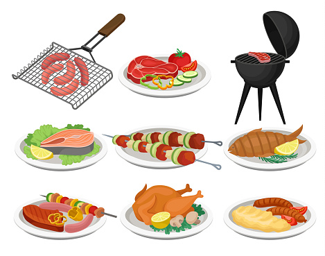 Grilled food set, delicious dishes for barbecue party menu, meat food vector Illustration on a white background