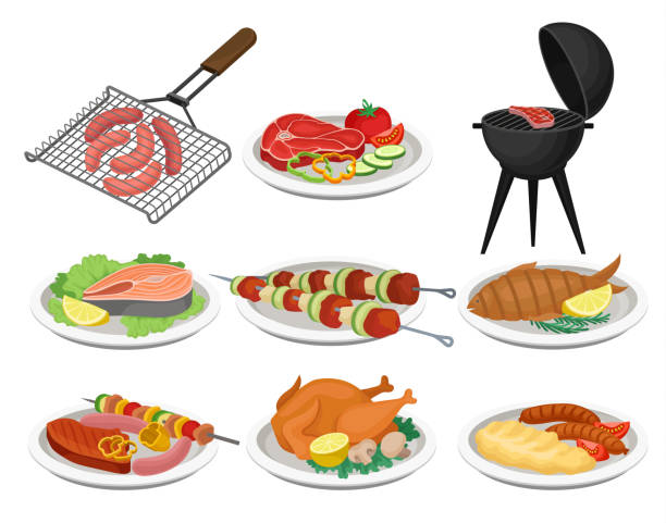 bildbanksillustrationer, clip art samt tecknat material och ikoner med grillad mat ställa, läckra rätter för grill festmeny, kött mat vektor illustration på vit bakgrund - tallrik med fisk