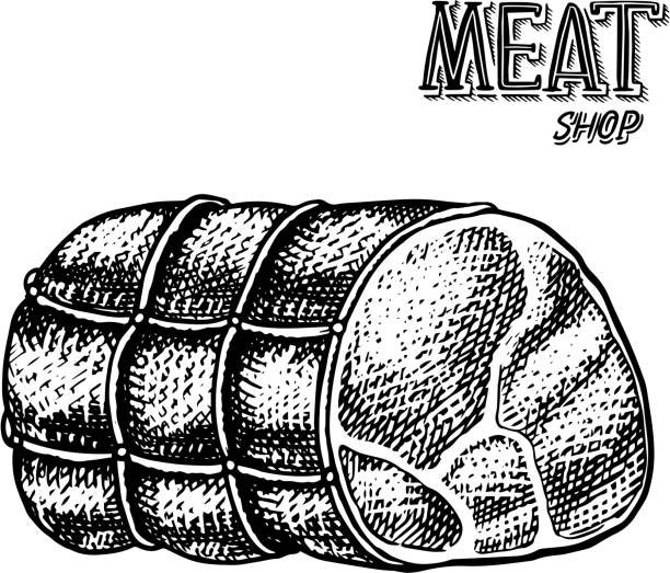 grillowane mięso, wieprzowina lub wołowina meatloaf. jedzenie w stylu vintage. szablon menu restauracji, emblematów lub odznak. szkic rysowany ręcznie - meatloaf stock illustrations