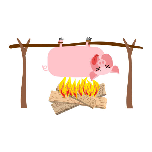 grilled pig meat on spit. roasting pork. bbq piglet - complete rough stock ...
