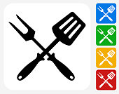 Grilling Utensils Icon. This 100% royalty free vector illustration features the main icon pictured in black inside a white square. The alternative color options in blue, green, yellow and red are on the right of the icon and are arranged in a vertical column.